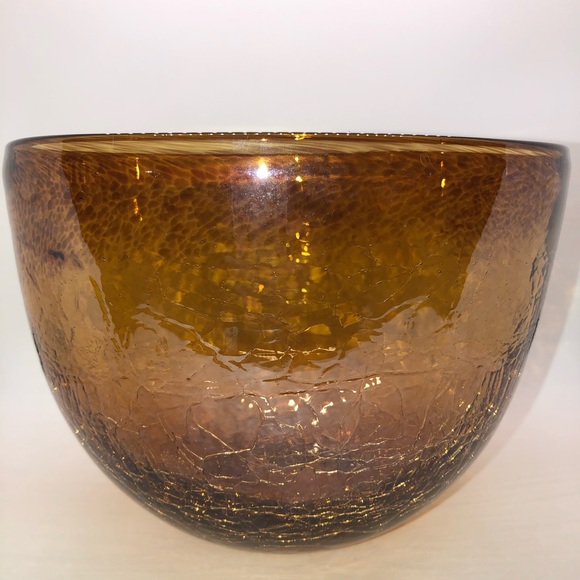 Hand Blown Large Crackle Glass Amber Bowl 9” X 6” - Picture 4 of 11